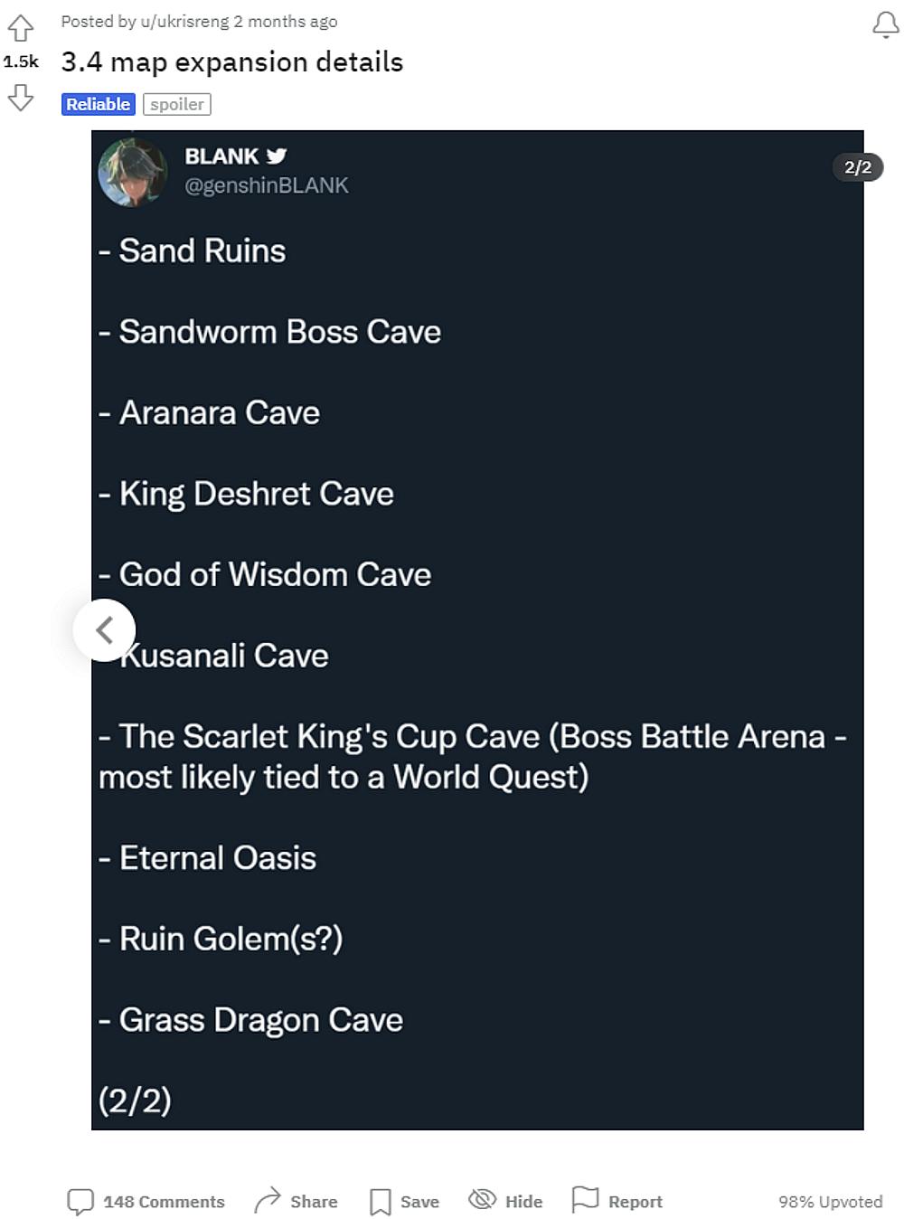 ukrisreng shares @genshinBLANK's deleted tweet regarding Genshin Impact Leak 3-4 new area via Reddit