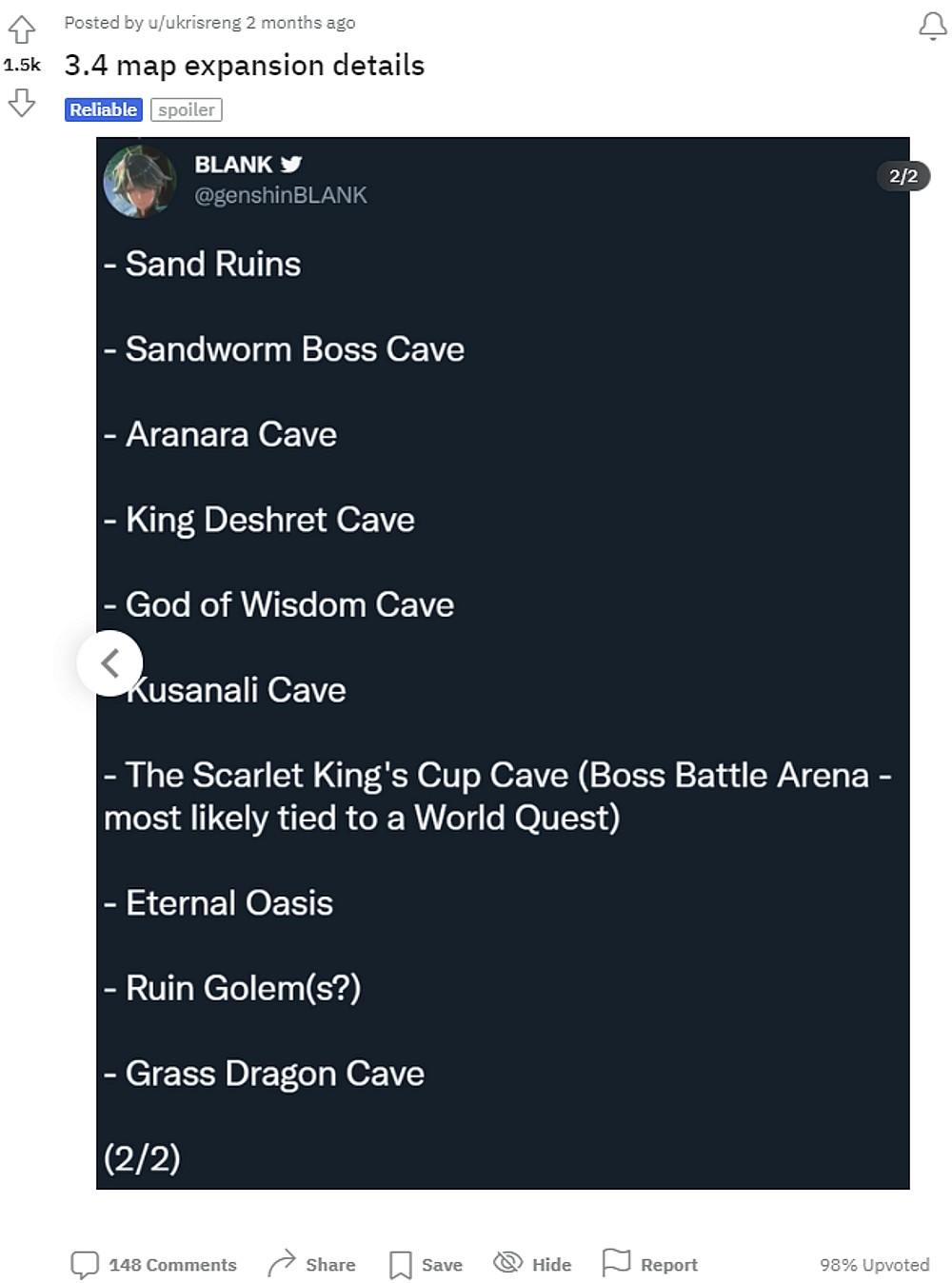 ukrisreng shares @genshinBLANK's deleted tweet regarding Genshin Impact Leak 3-4 new area via Reddit