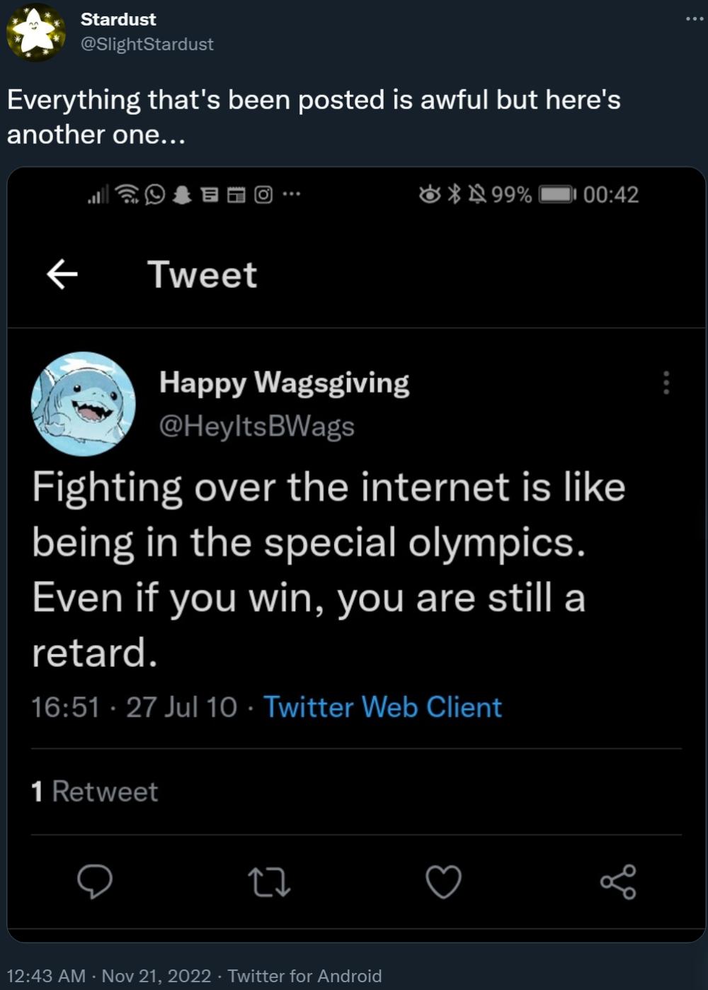 SlightStardust shares Brian Waggoner's alleged joke about comparing arguing on the internet to the Special Olympics via Twitter