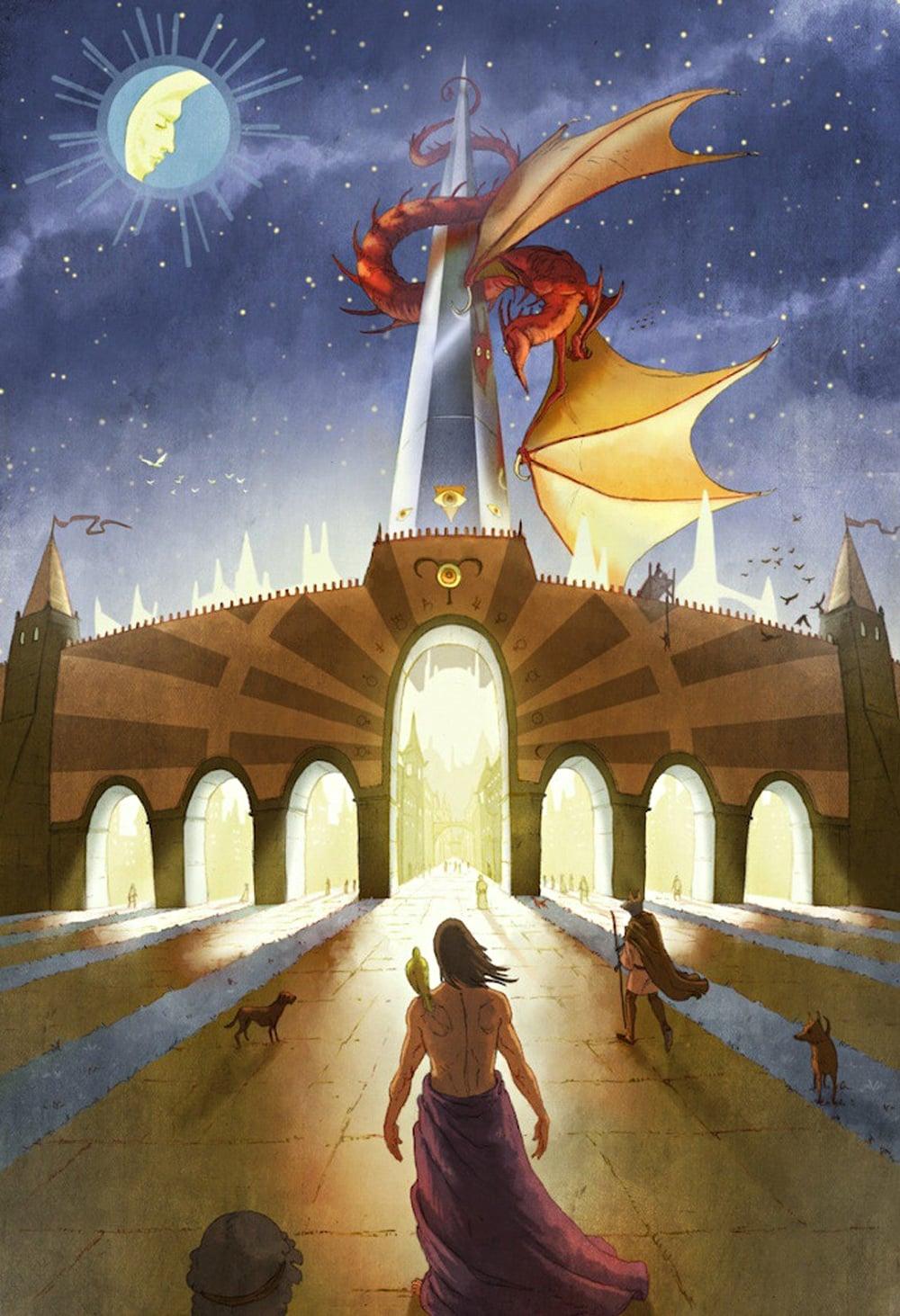 A man stands at the entrance to a great city in an illustration for 'Draco Alchemicus.'