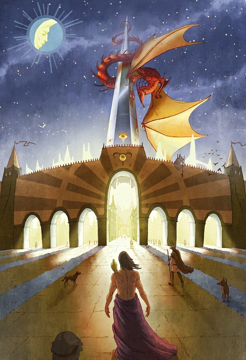 A man stands at the entrance to a great city in an illustration for 'Draco Alchemicus.'