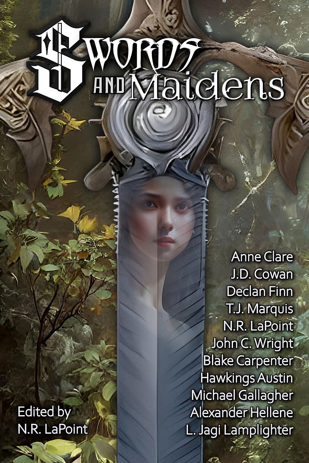 A fair maiden's image is reflected on the blade of a sword on the book cover of 'Swords and Maidens: Eleven Tales of Chivalry and Valor.'