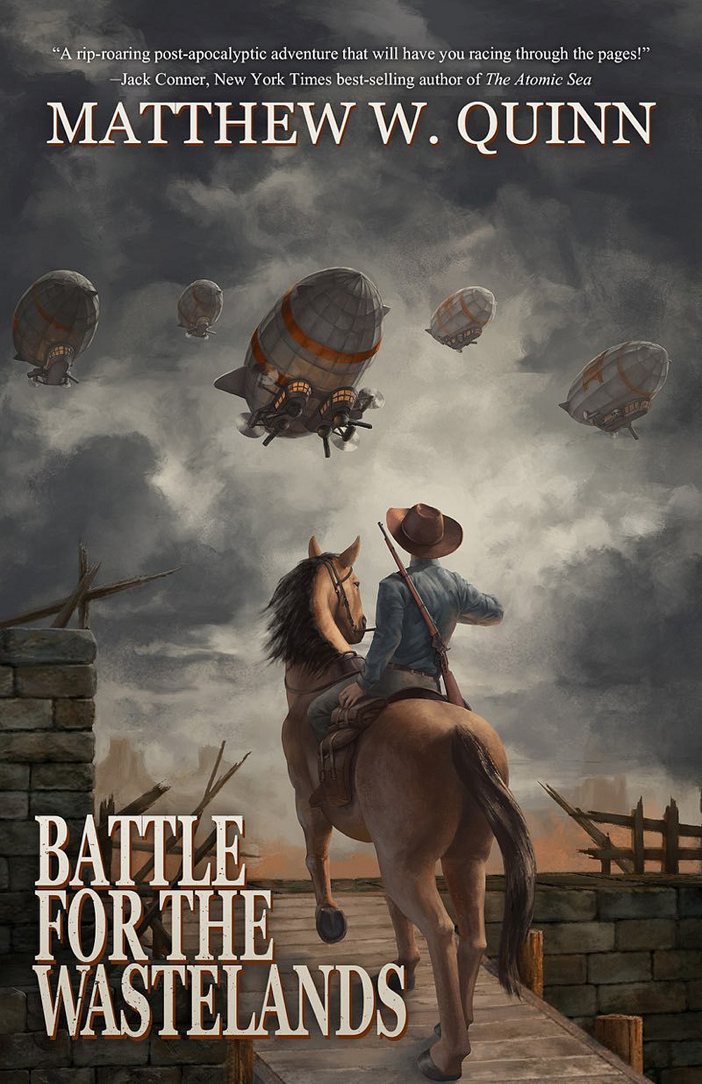 A mounted cowboy observes a gloomy sky filled with airships on the cover of 'Battle for the Wastelands.'