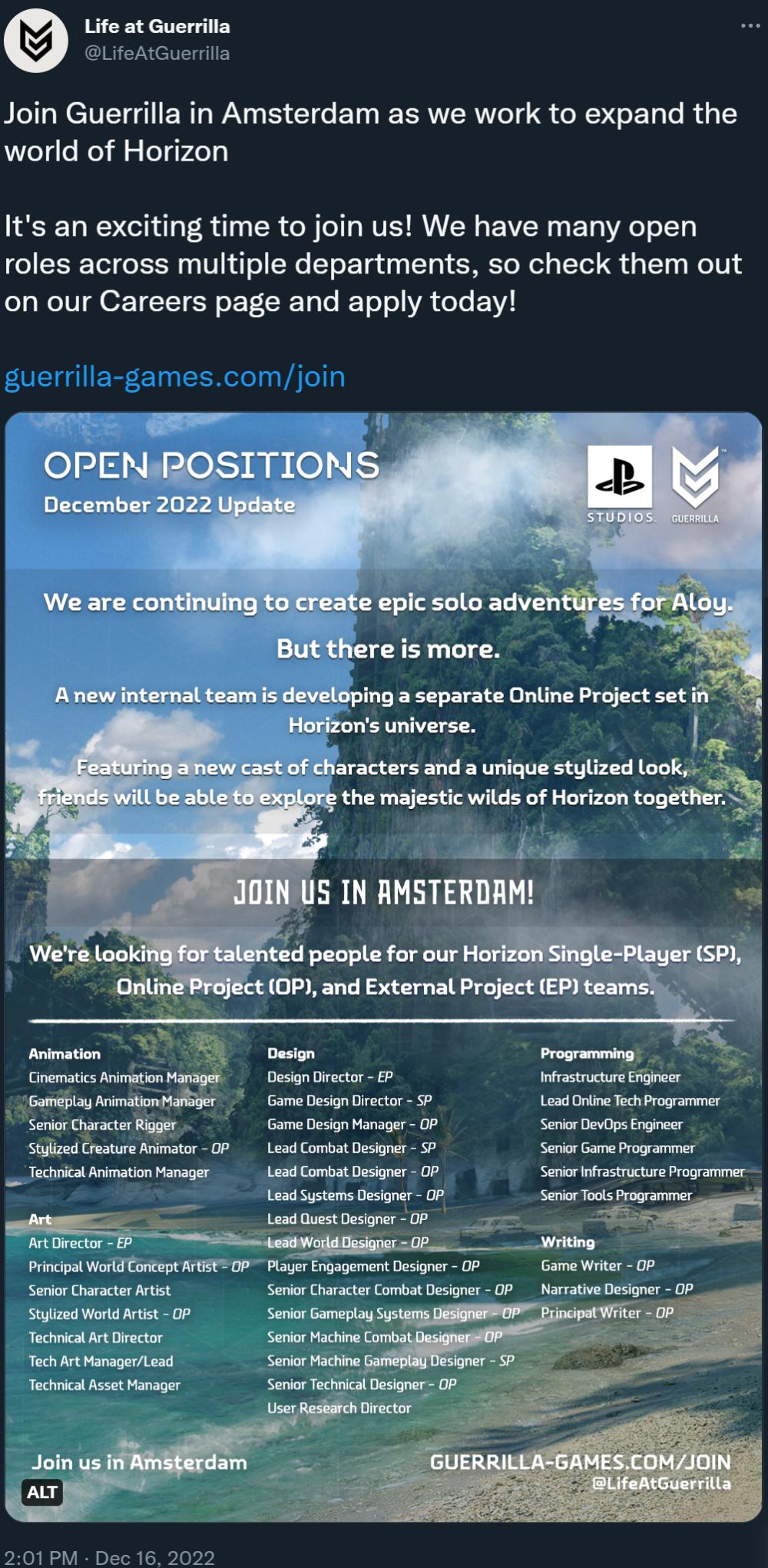 Guerilla Games announces multiple job listings, including an online Horizon-based project via Twitter