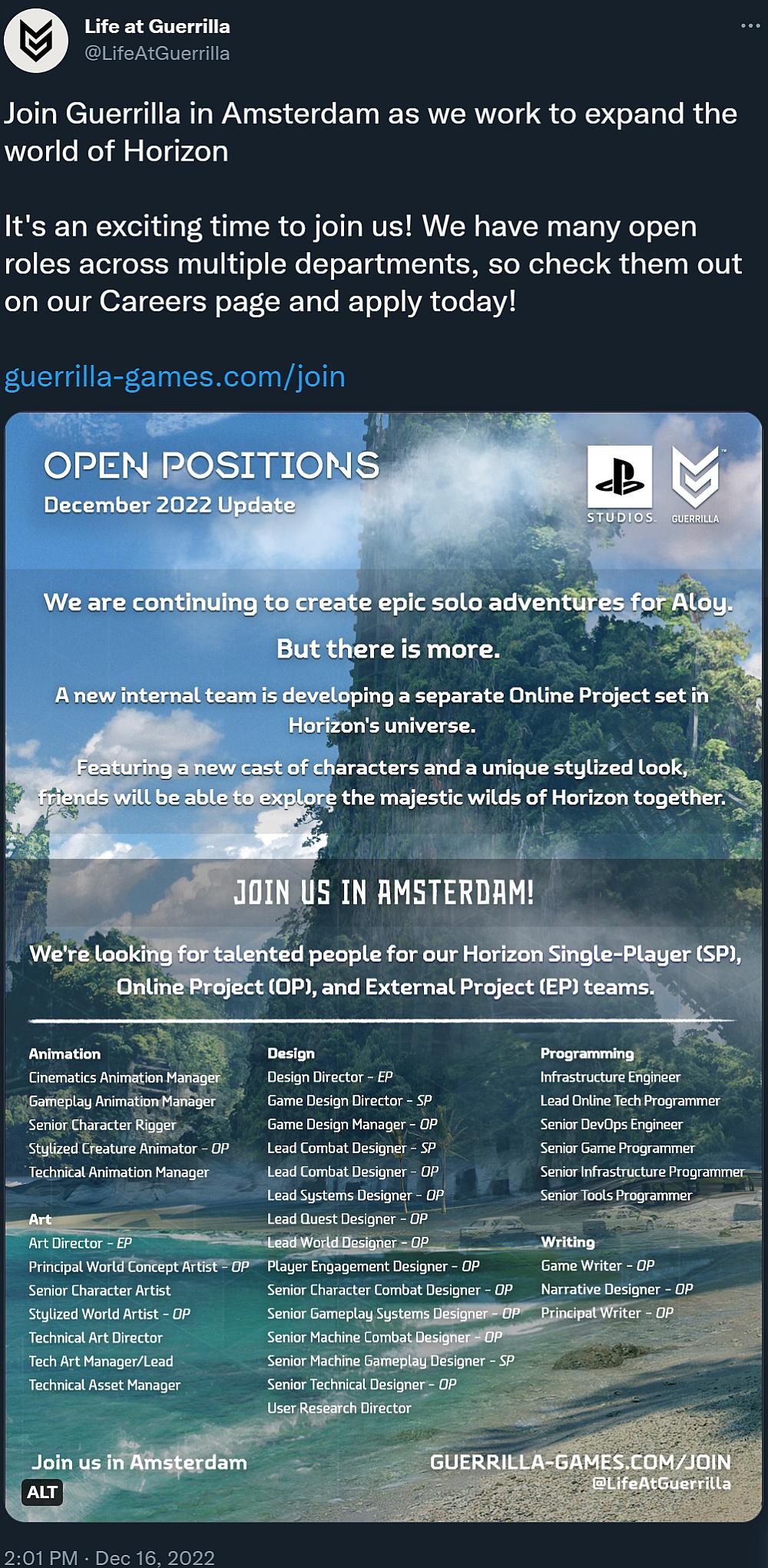 Guerrilla Games announces multiple job listings for online Horizon-based project