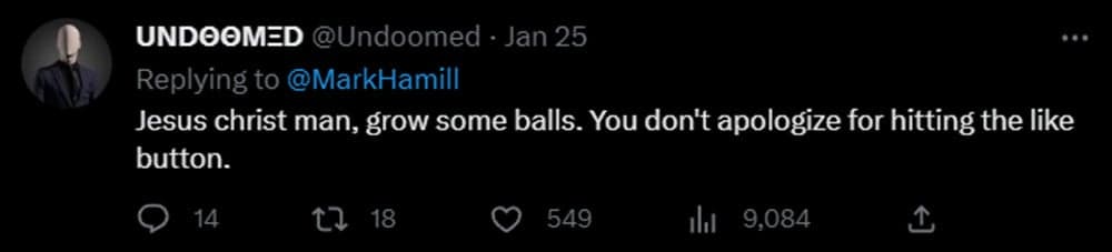 UNDOOMED criticizes Mark Hamill's lack of conviction on Twitter