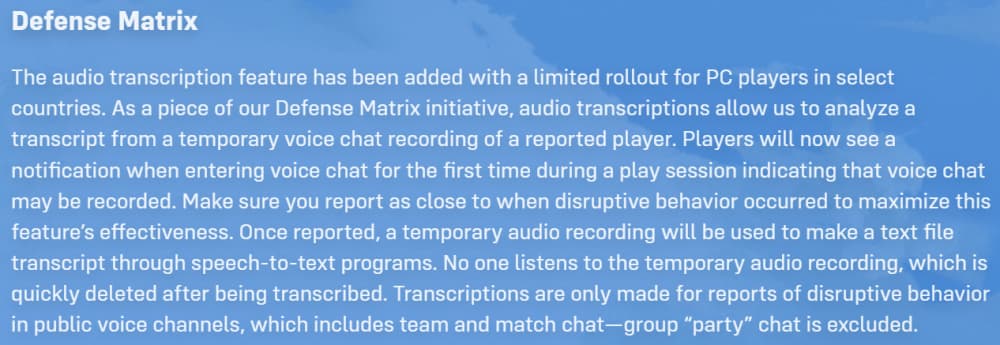 The Overwatch 2 Patchnotes for November 17th, detailing the Defense Matrix initiative's audio transcription feature being rolled out