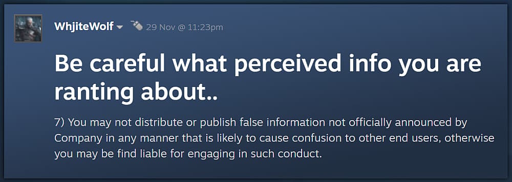 WhjiteWolf warns Steam users that The Callistro Protocol's Rules of Conduct may result in legal