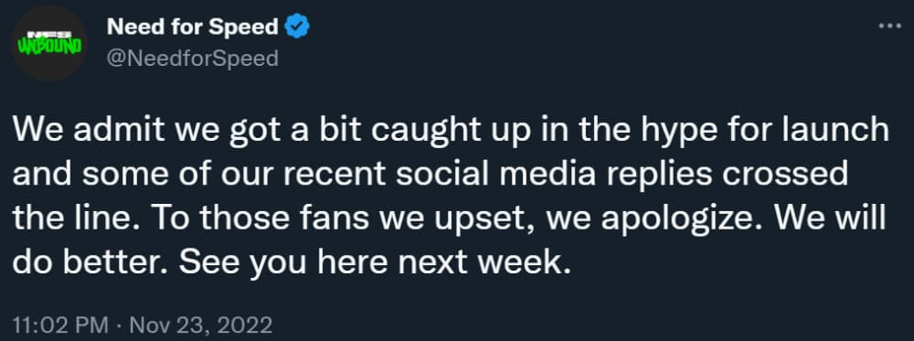 The official Need for Speed Twitter account apologizes for its behavior via Twitter