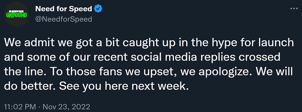 The official Need for Speed Twitter account apologizes for its behavior via Twitter