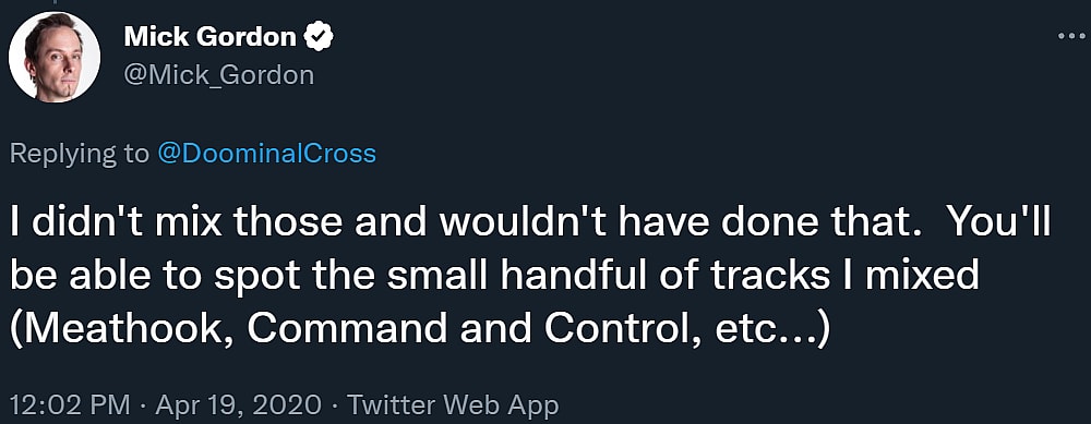 Mick Gordon reveals he did not handle tracks in Doom Eternal's Soundtrack on Twitter