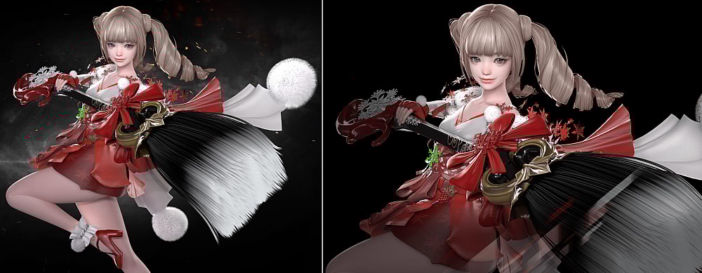 The Artist in her Christmas outfit, as she appears in Lost Ark's western blogpost (left), and official Korean website (right). The western version doesn't appear censored, despite promises of censorship to "better fit Western norms."