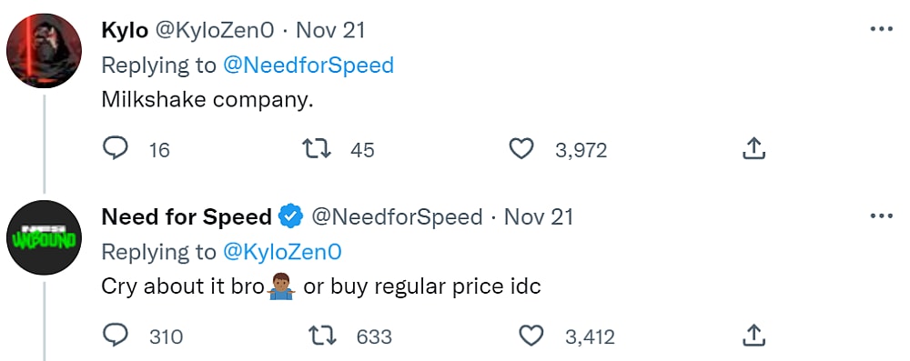 [Archive link] Twitter user KyloZen0 insults the official Need for Speed back, only to be told to "cry about it" and buy Need for Speed Unbound at the normal price via Twitter
