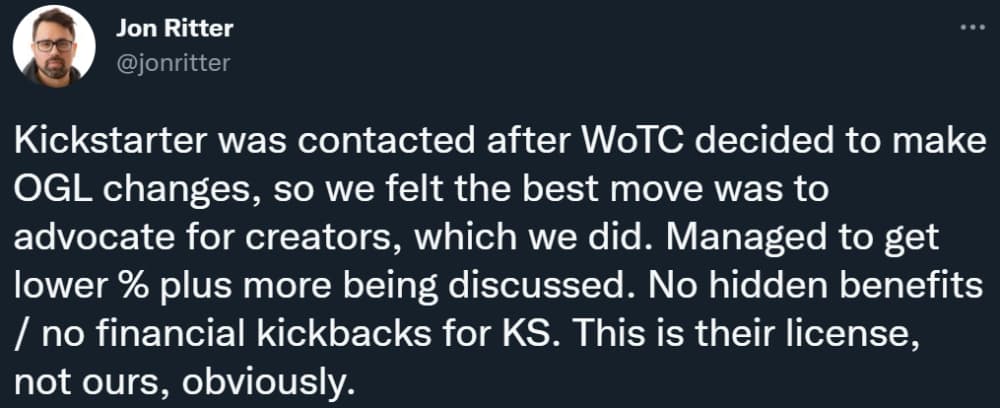 Jon Ritter insists Wizards of the Coast demanding less royalties for Kickstarter backed games using Dungeons & Dragons' OGL was down to pure negotiation, not illicit kickbacks or the like via Twitter