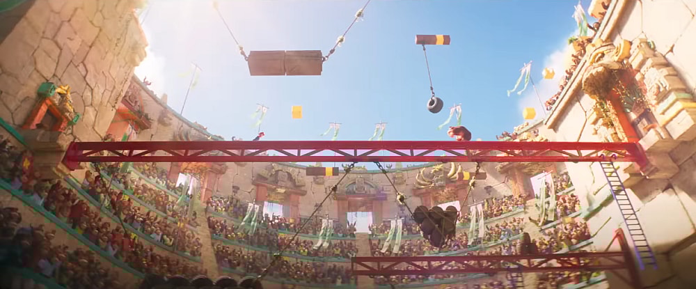 Mario and Donkey Kong charge at one-another in a colloseum filled with red girders and apes via The Super Mario Bros. Movie (2023), Illumination, Nintendo