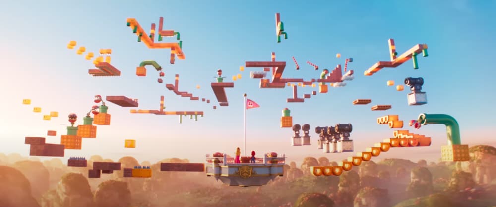 Mario and Peach look out over a floating obstacle course, much like a classic Super Mario level via The Super Mario Bros. Movie (2023), Illumination, Nintendo