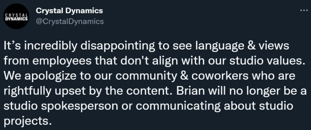 Crystal Dynamics reveal Brian Waggoner has been fired due to his tweets not aligning with "studio values" via Twitter