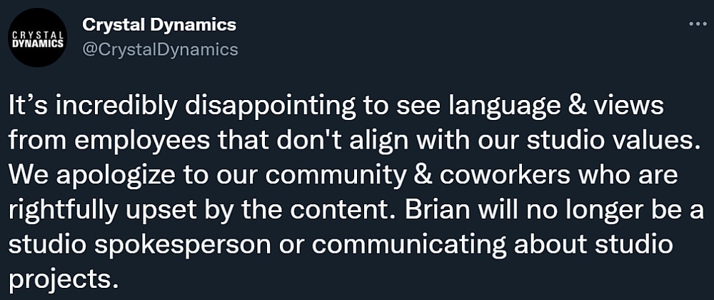 Crystal Dynamics reveal Brian Waggoner has been fired due to his tweets not aligning with "studio values" via Twitter