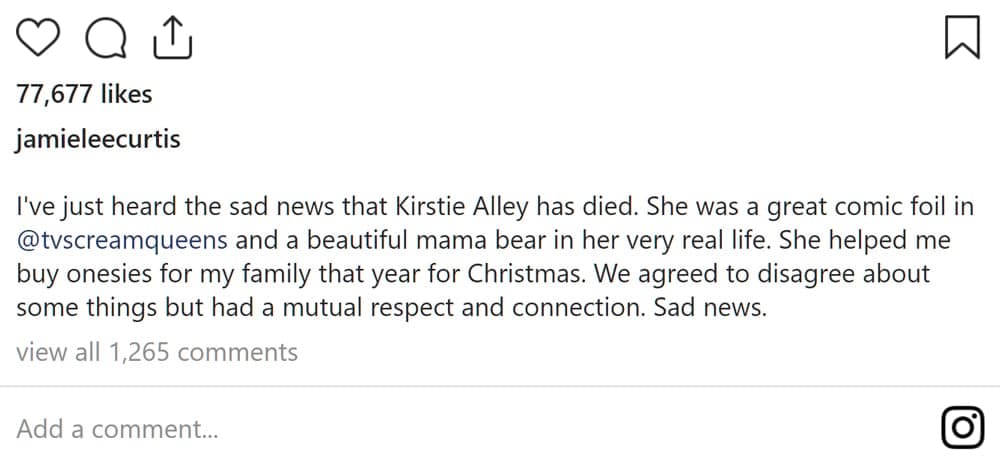 Jamie Lee Curtis expresses sympathy over the loss of friend Kirstie Alley on Instagram