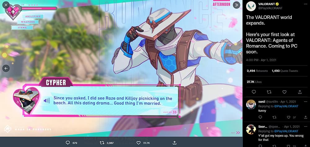 Fake Valorant dating sim Agents of Love screenshots showing Cypher, Raze and Killjoy relationship