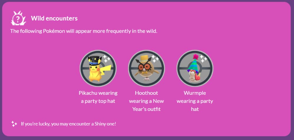 The wild encounters for the Pokémon GO New Year's 2023 event include a Pikachu, Hoothoot, and Wurmple in party hats and outfits via the Pokémon GO official website [link]