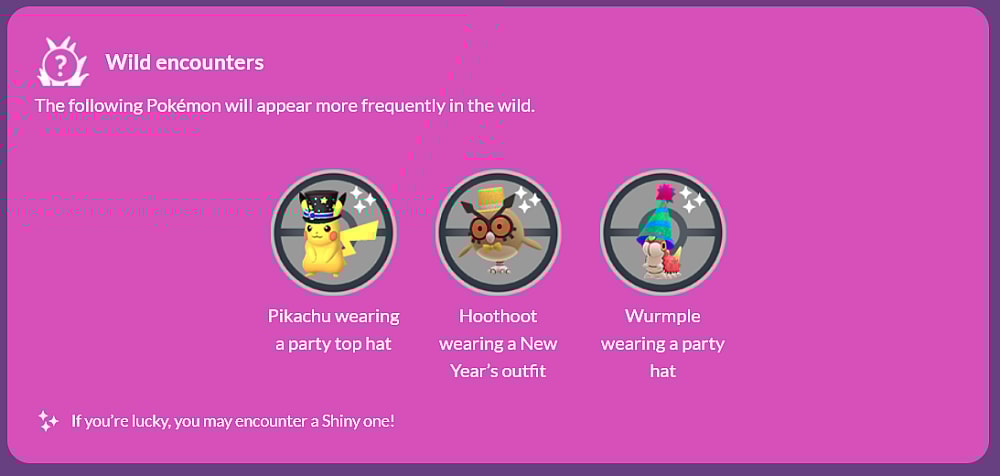 The wild encounters for the Pokémon GO New Year's 2023 event include a Pikachu, Hoothoot, and Wurmple in party hats and outfits via the Pokémon GO official website [link]
