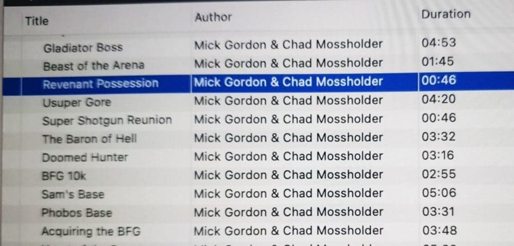 Screenshot of the Doom Eternal OST, showing Mick Gordon and Chad Mossholder as authors