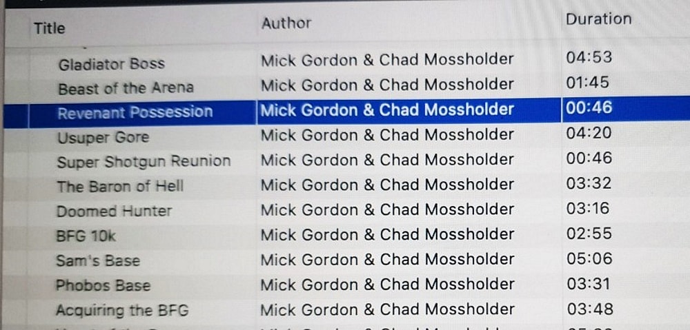 Screenshot of the Doom Eternal OST, showing Mick Gordon and Chad Mossholder as authors