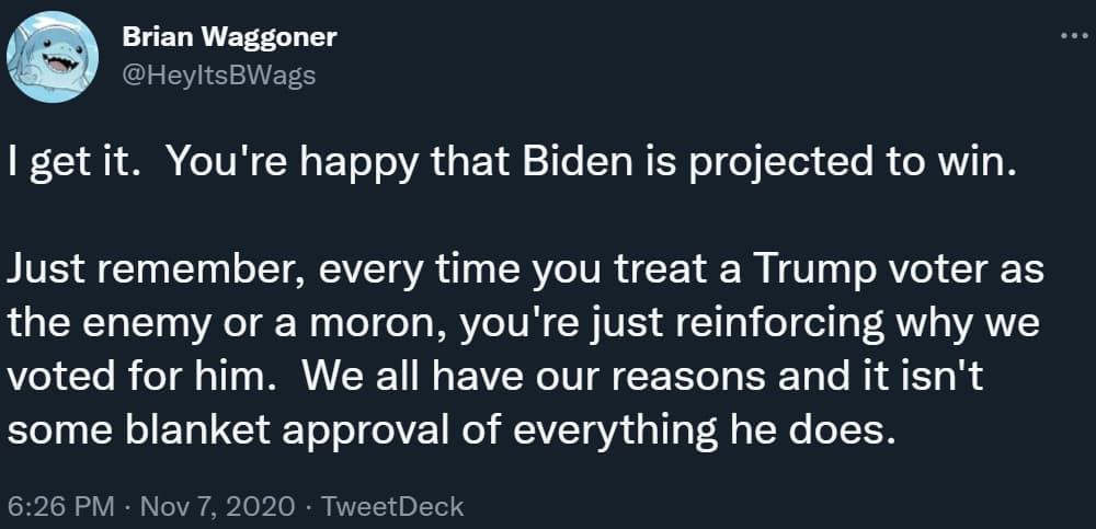 Brian Waggoner asks Joe Biden supporters to not persecute Donald Trump supporters via Twitter