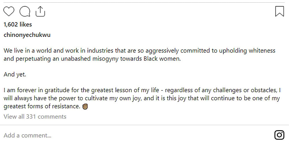 Chinonye Chukwu posts about racism in the Academy Awards on her Instagram feed