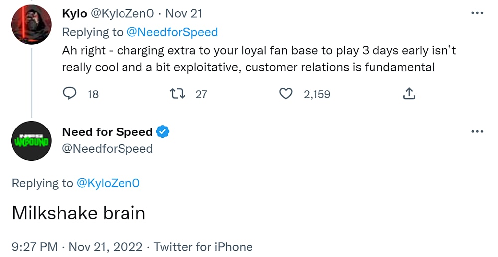 [Archive link] Twitter user KyloZen0 argues pre-ordering for Early Access is exploitative, while the official Need for Speed account calls them "Milkshake brain" via Twitter