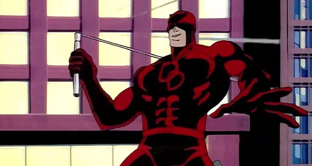 Daredevil battles bad guys on a rooftop in 'Spider-Man: The Animated Series' (1994), Marvel Entertainment Group