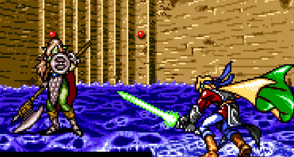 Bowie attacks an enemy combatant in 'Shining Force II' (1994)
