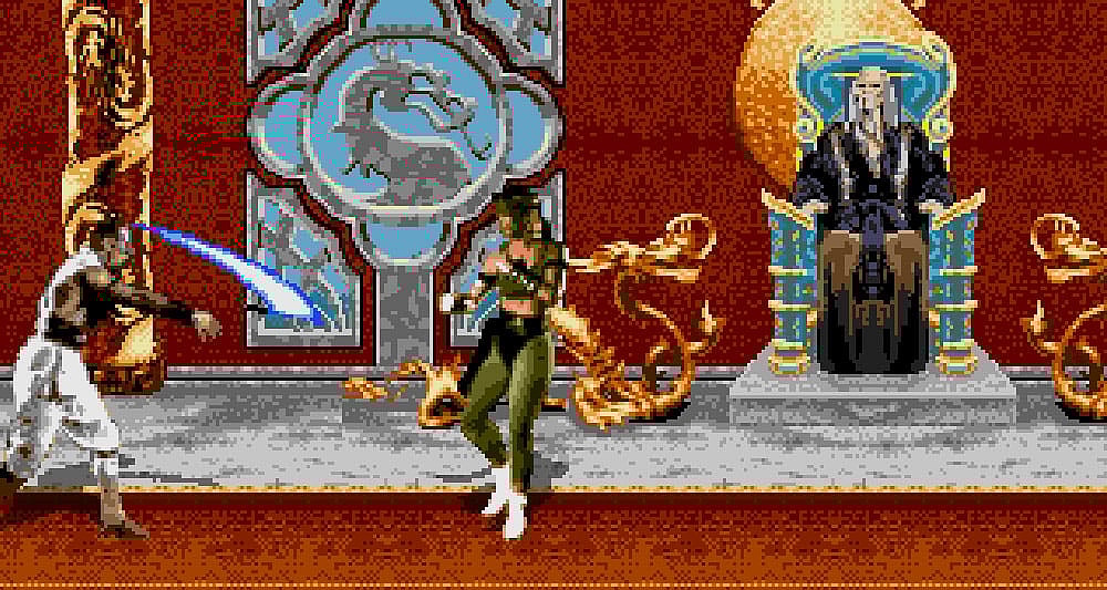 Kano fights Sonya in 'Mortal Kombat' (1993), Midway
