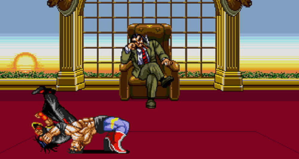 Mr. X watches Max fight an underling in a hacked version of 'Streets of Rage 2' (1992), Sega