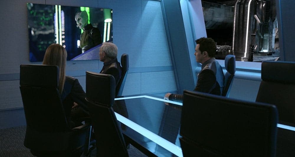 Teleya on a Krill election broadcast in The Orville: New Horizons