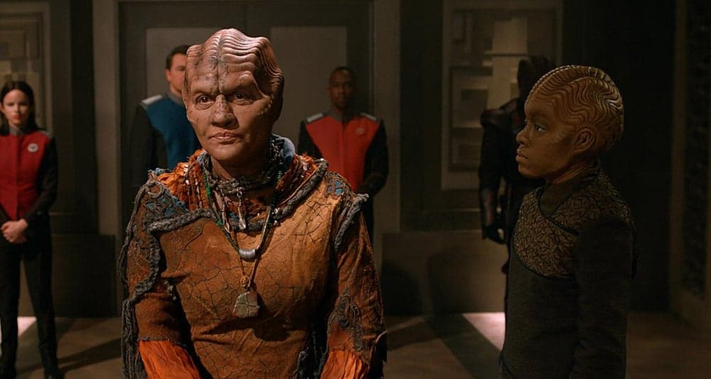 Topa watches a simulation of a female Moclan in The Orville: New Horizons