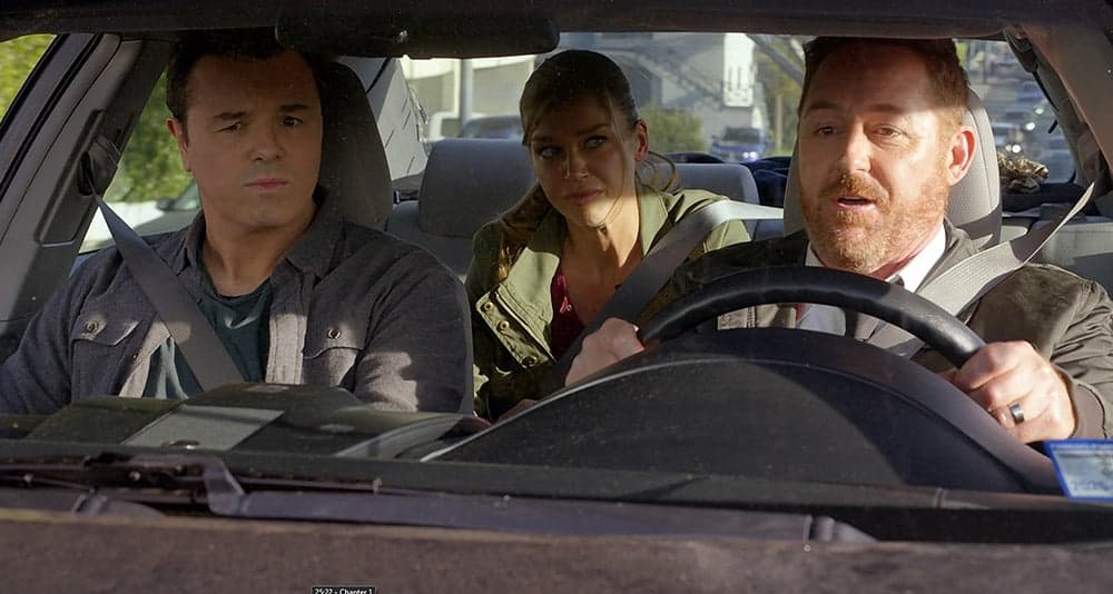 Mercer, Grayson and Malloy in a car in The Orville