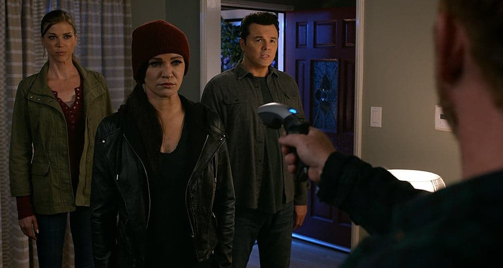 Malloy points a pistol at Mercer, Talla and Grayson in The Orville