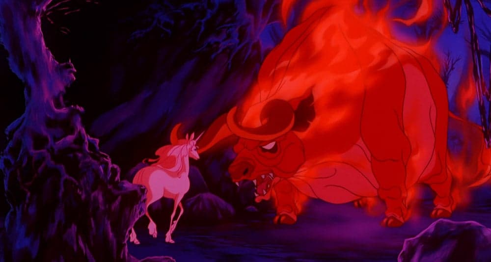 The Red Bull attacks in The Last Unicorn, Rankin/Bass Productions