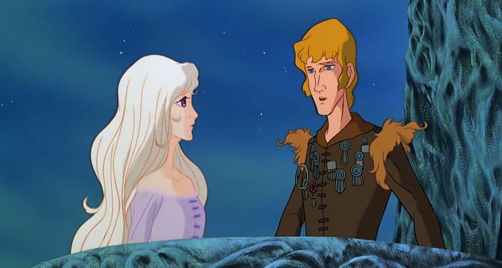 Amalthea and Prince Lir grow closer in The Last Unicorn, Rankin/Bass Productions