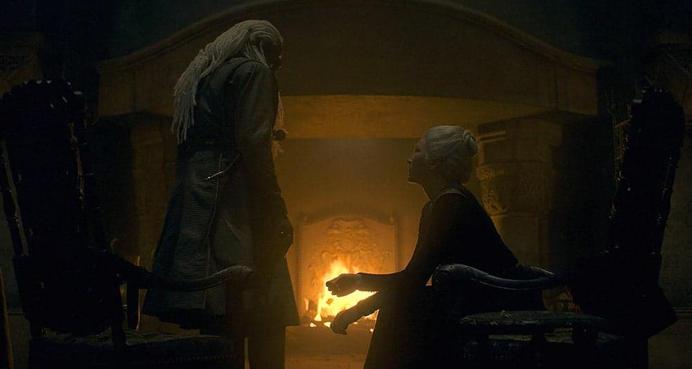 The Velaryons speak after the death of their child in House of the Dragon, HBO