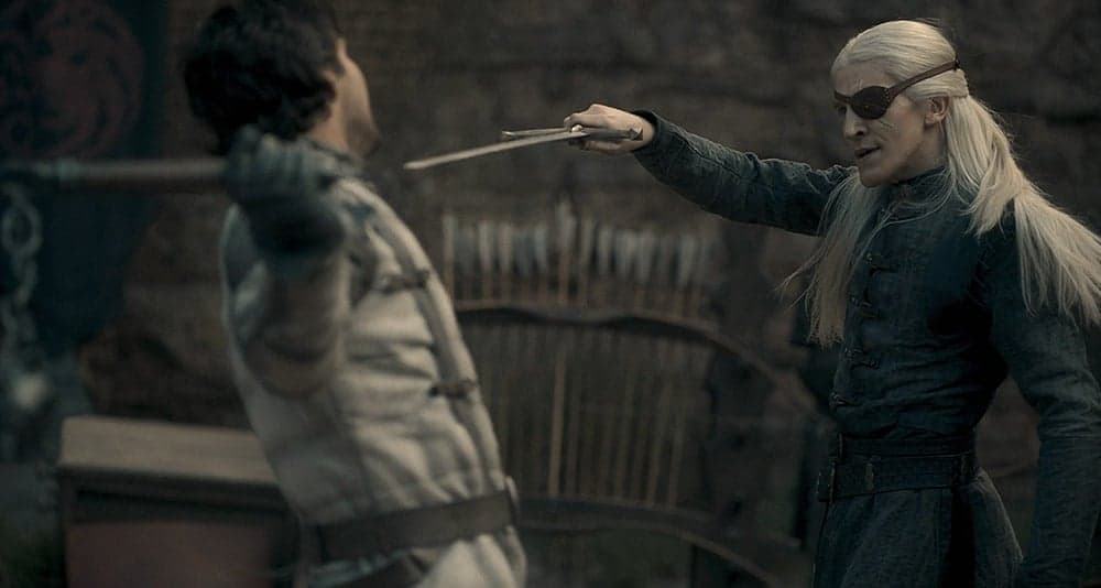 Aemond practices with Ser Criston Cole in House of the Dragon, HBO