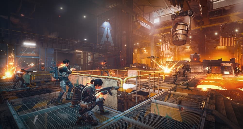 Division Agents fend off the Hyenas in a foundry via Tom Clancy's The Division 2 (2019)