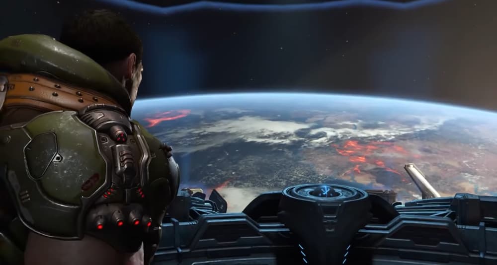 The Doomslayer looks out over hell on Earth from the Fortress of Doom via Doom Eternal (2020), Bethesda Softworks