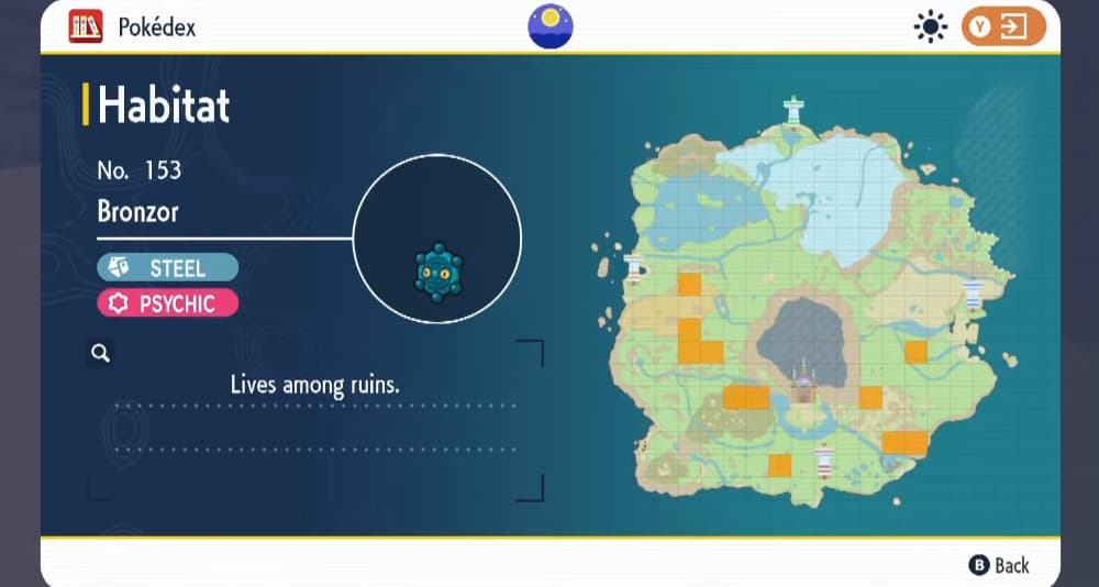 The Pokédex shows the habitat of Bronzor via Pokémon Scarlet & Violet (2022), Nintendo