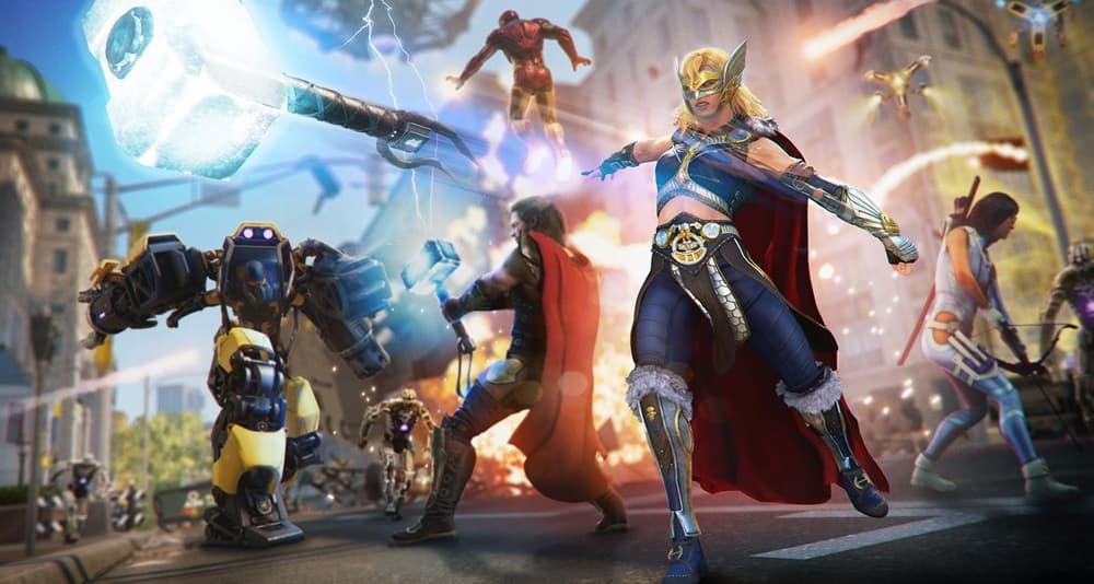 Female Thor fends off AIM alongside Thor, Ironman, and Kate Bishop via Marvel's Avengers (2020), Square Enix