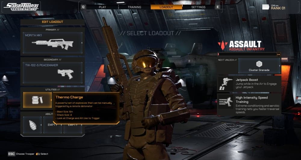 A player loadout screen in 'Starship Troopers: Extermination' (2023) Offworld Industries