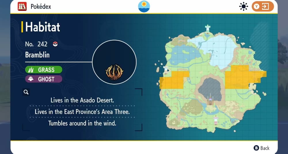 The Pokédex shows the habitat of Bramblin via Pokémon Scarlet & Violet (2022), Nintendo