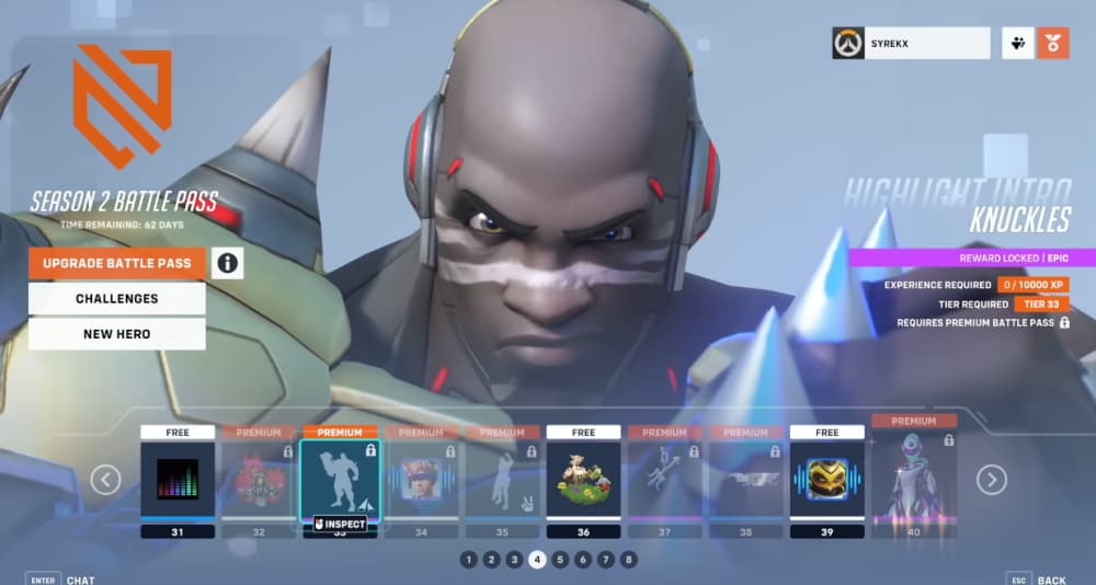 The Season 2 Battle Pass shows the "Knuckles" Highlight Intro for Doomfist players can unlock via Overwatch 2 (2022), Blizzard Entertainment